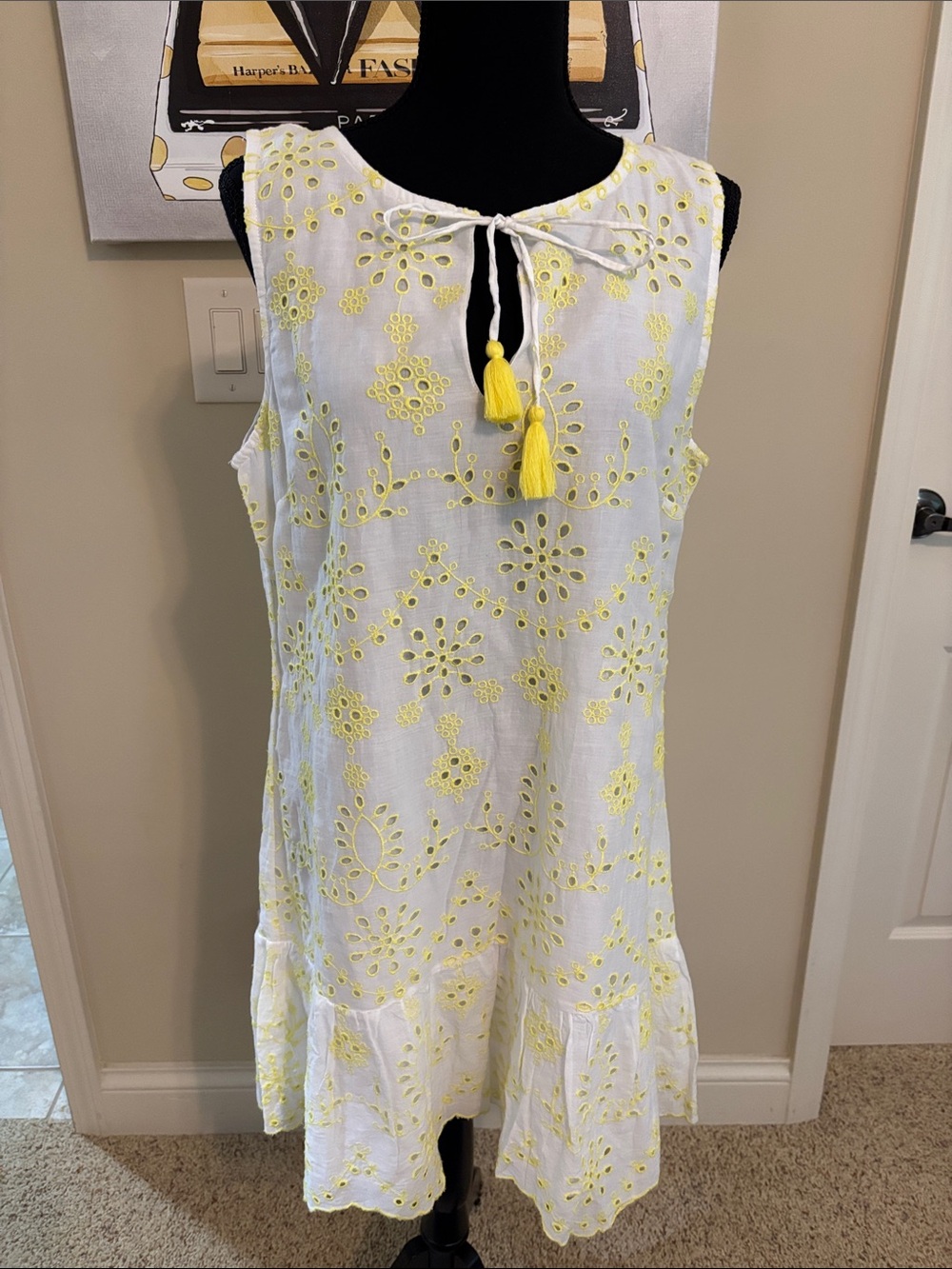 Sleeveless White Eyelet Dress with Yellow Embroidery and Tassel Tie